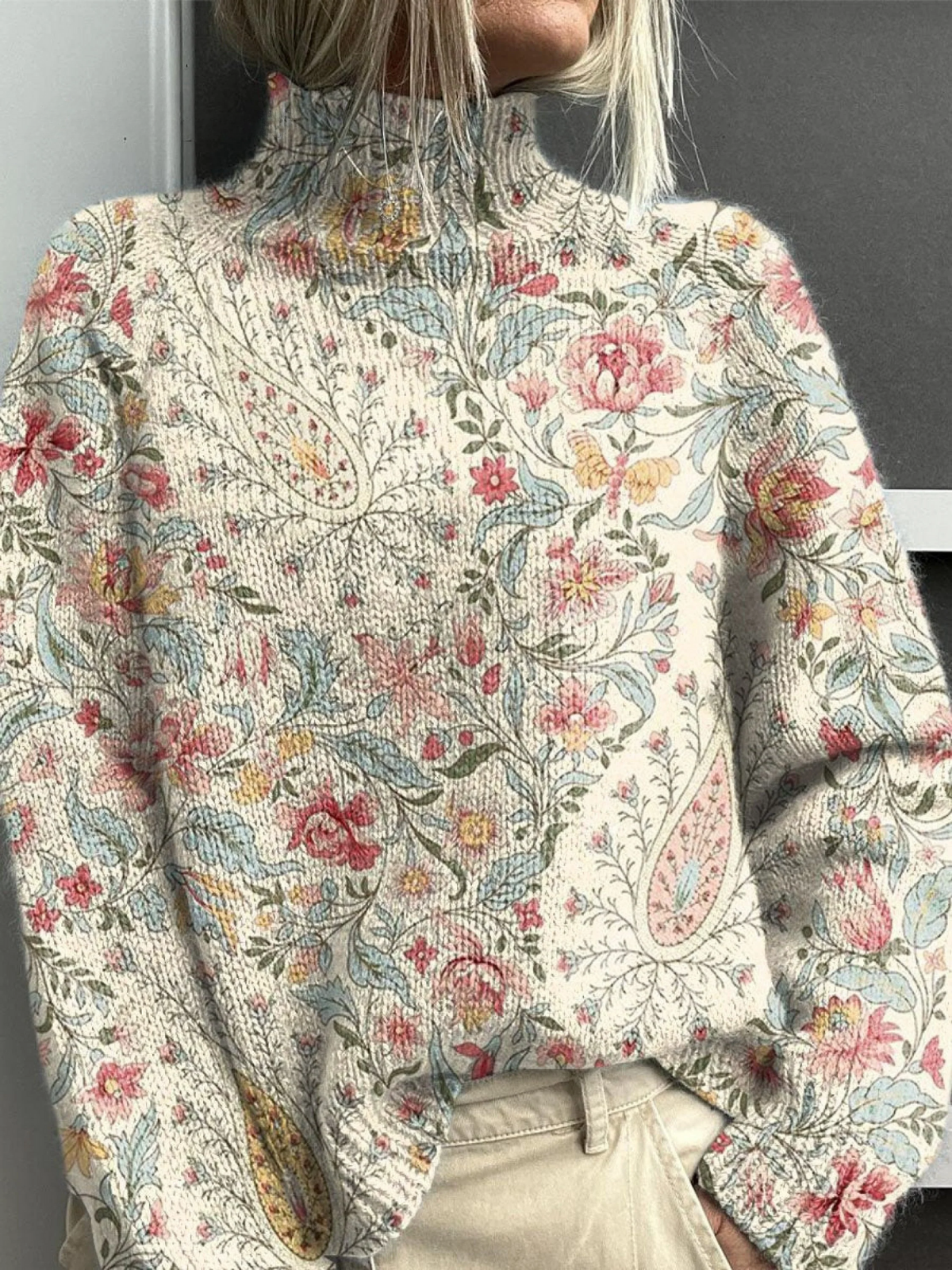 Penny | Vintage paisley floral knit turtleneck sweater