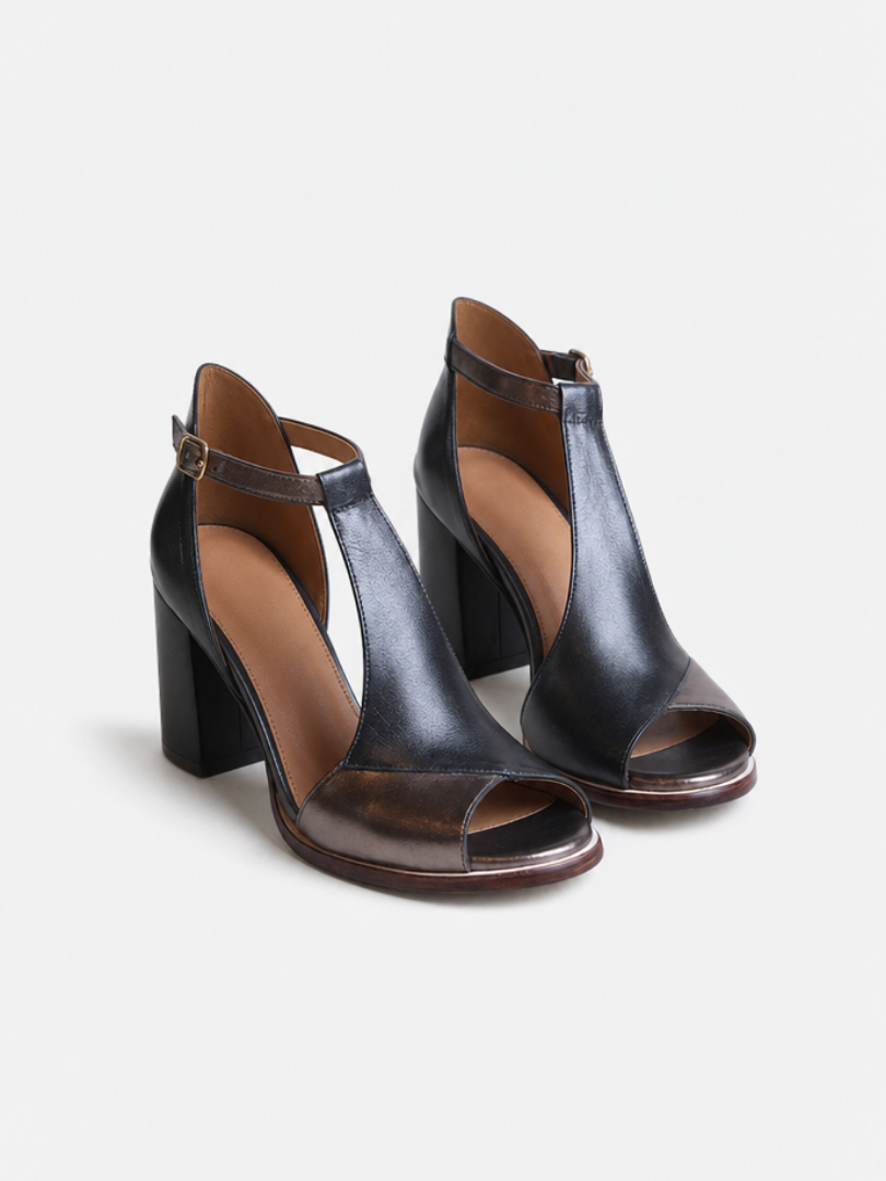 Nadaria | Black Patchwork Peep Toe Heels