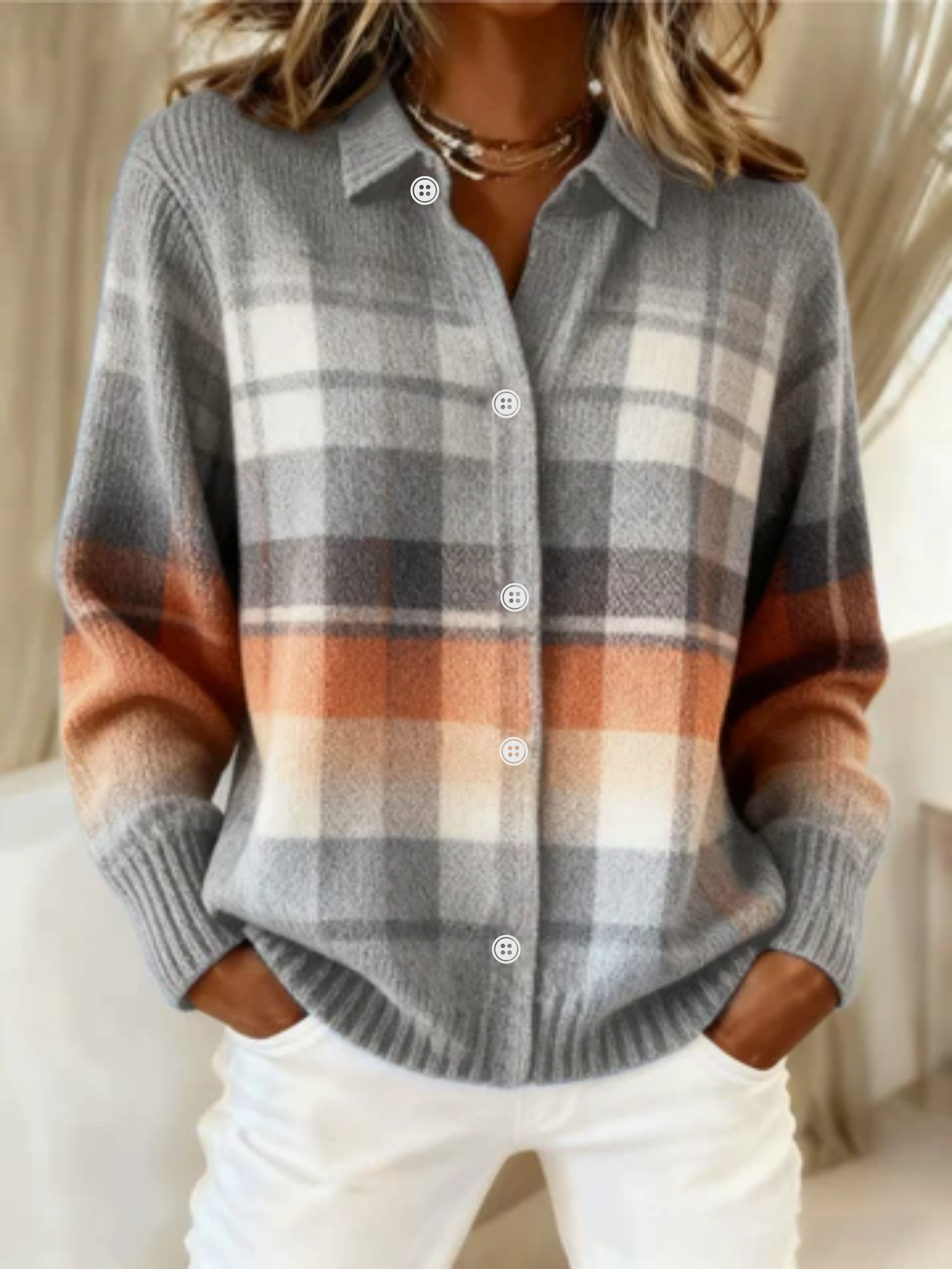 Elira™ - Checked Hoodie Blouse in Soft Tones