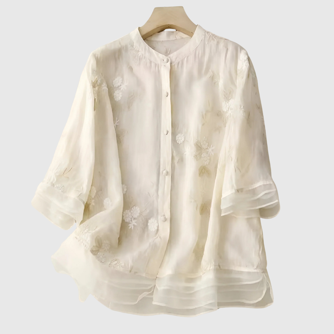 Mireille | Cotton Top with Embroidered Flowers