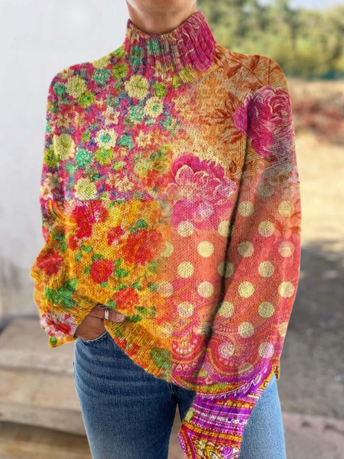 Andre | Floral polka dot knit turtleneck sweater