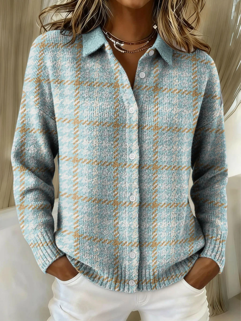 Tarena™ - Checked Hoodie Blouse with Sand-Colored Accents
