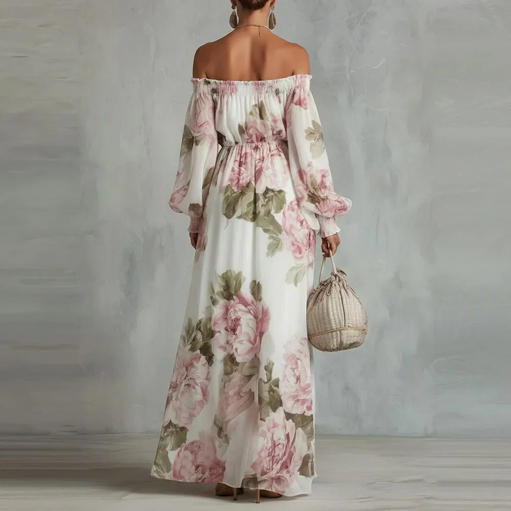 Peonia | Floral Maxi Dress with Off-Shoulder Neckline and Long Sleeves