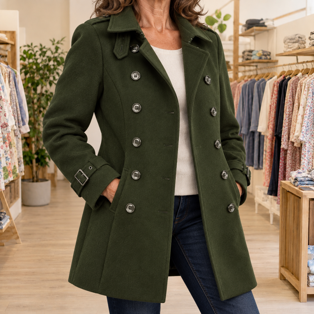 Danielle longline coat in green, styled inside a boutique