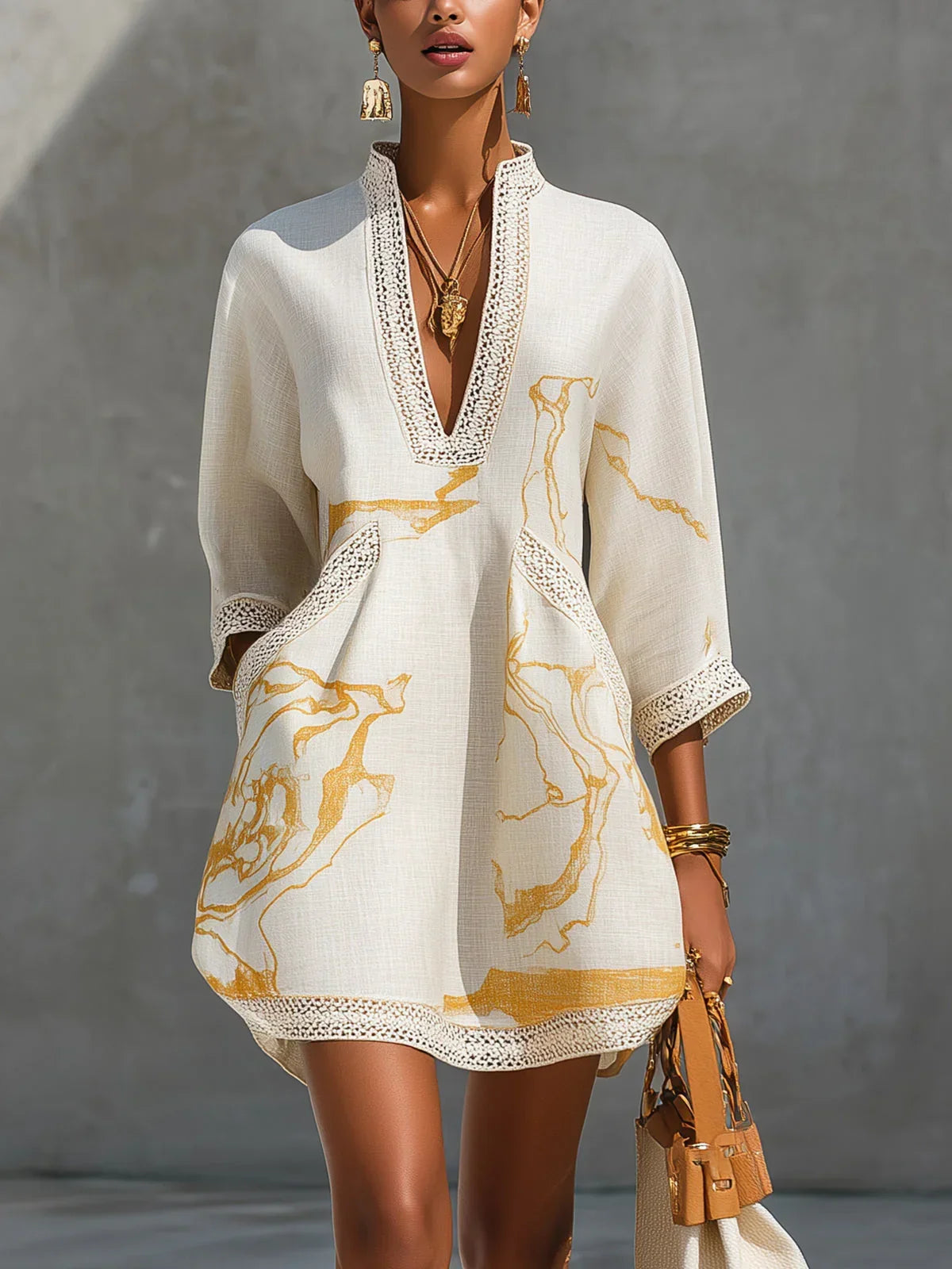 Donatella | Black Mini Dress with Gold Marble Print and Crochet Lace