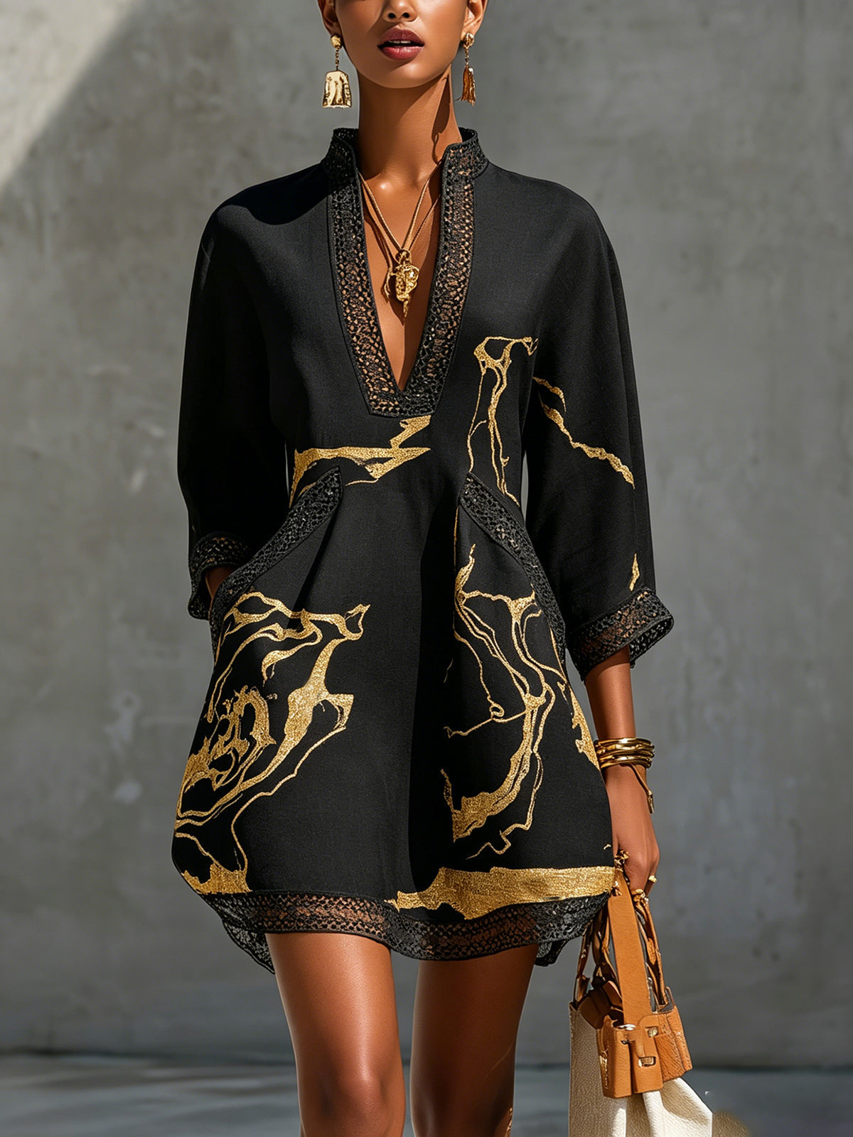 Donatella | Black Mini Dress with Gold Marble Print and Crochet Lace