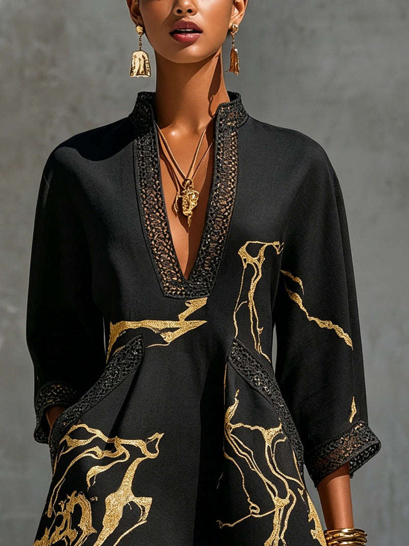 Donatella | Black Mini Dress with Gold Marble Print and Crochet Lace