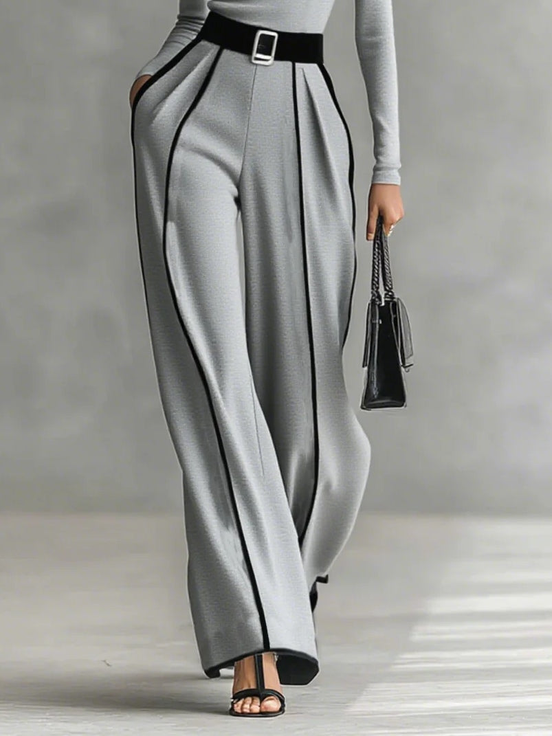 Refined High-Neck Top & Wide-Leg Pants Set (Free Belt)