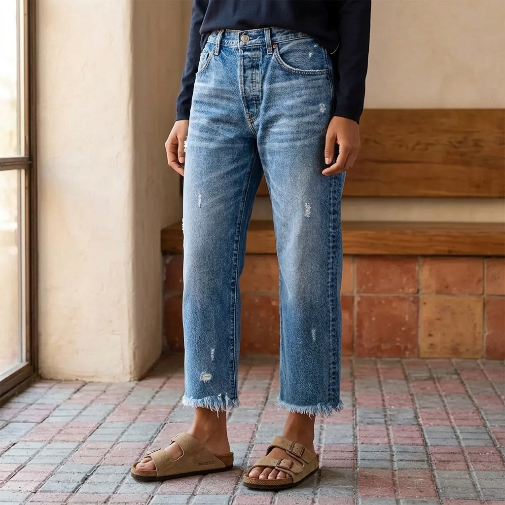 Vivara | Women's Retro Fringed Cropped Straight Leg Jeans