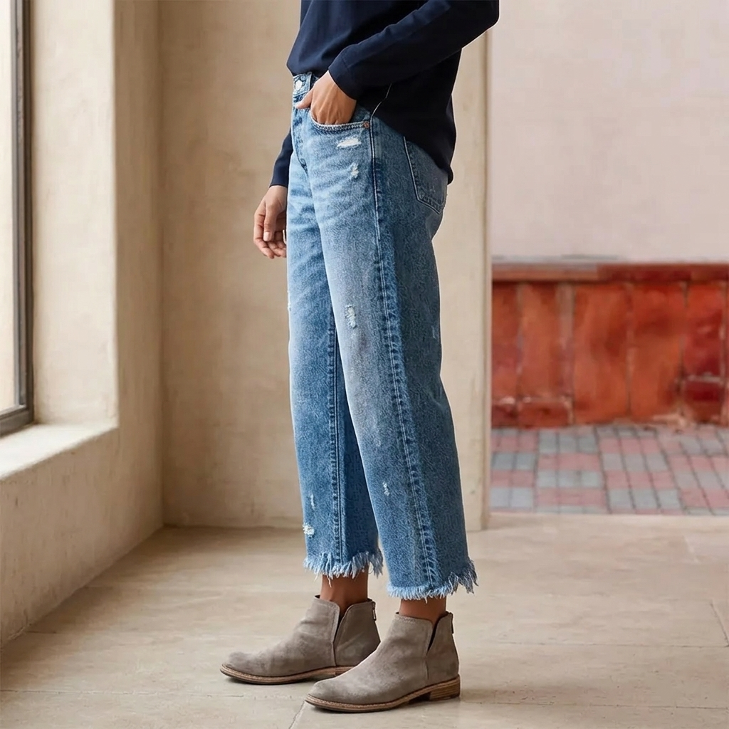 Vivara | Women's Retro Fringed Cropped Straight Leg Jeans